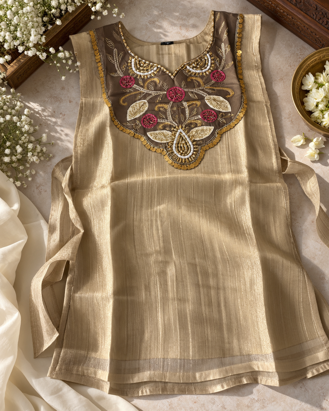 Champagne Beige Salsa Crush Layered Kurti Set
