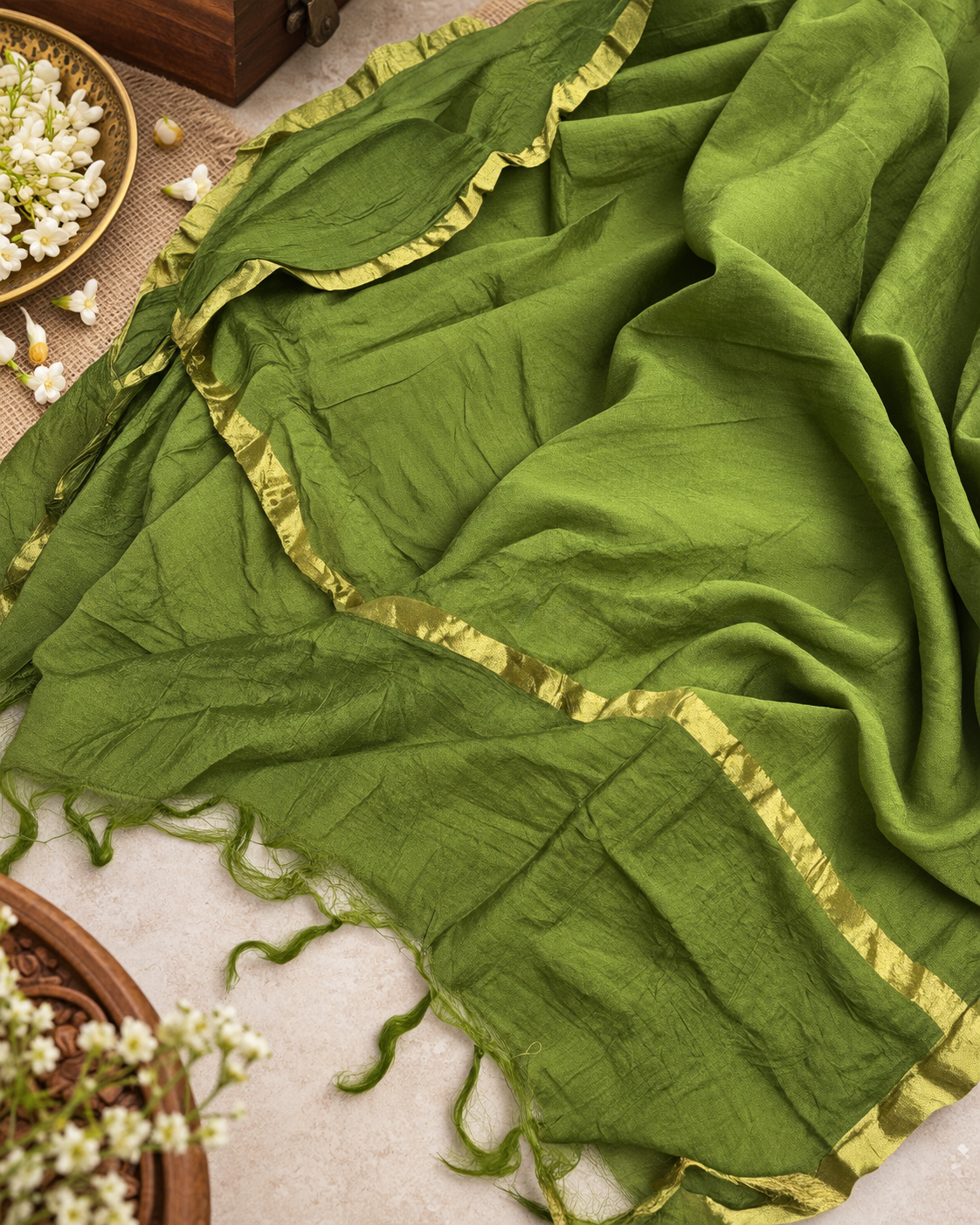 Mehendi Olive Green Embroidered A-Line Kurti Set