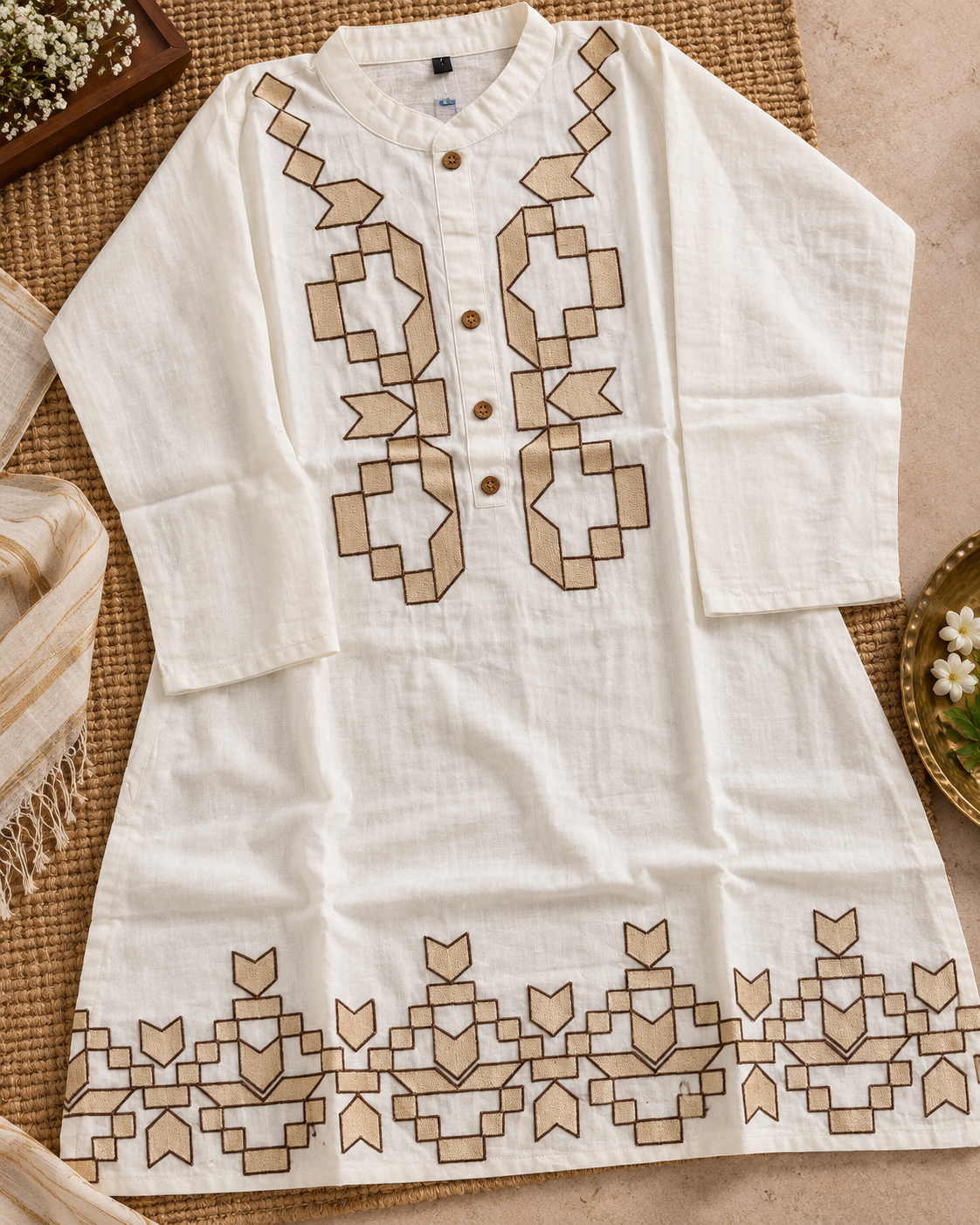 Ivory White Embroidered Cotton Co-ord Set with Wide-Leg Pants for Women