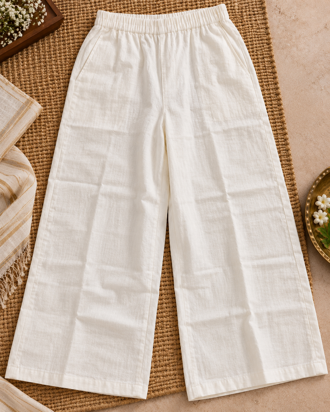Ivory White Embroidered Cotton Co-ord Set with Wide-Leg Pants for Women