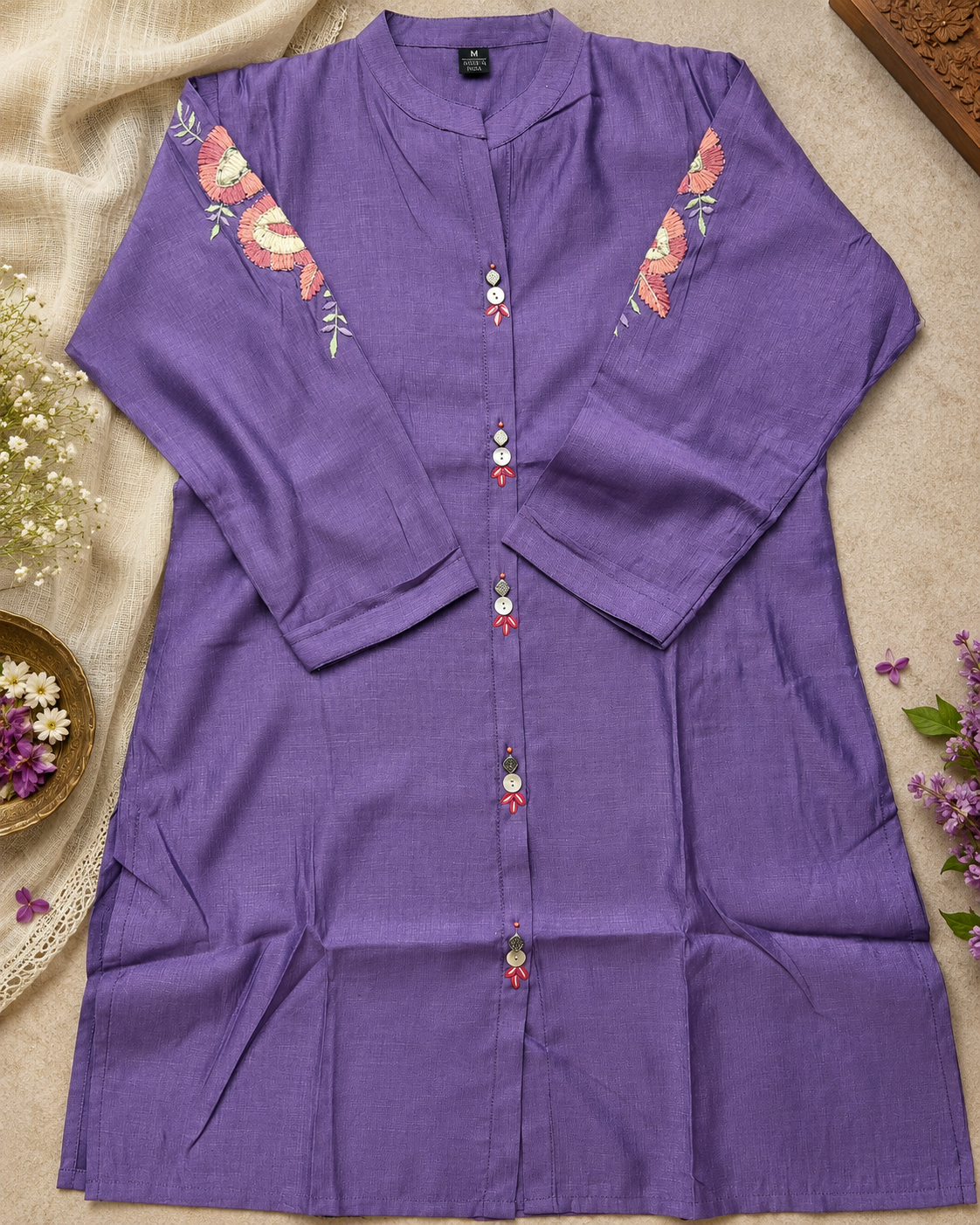 Lavender Mul Chanderi Floral Embroidered Co-ord Set with Wide-Leg Pants