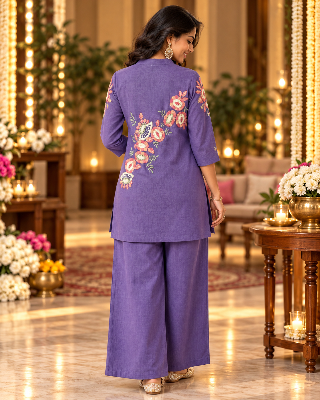 Lavender Mul Chanderi Floral Embroidered Co-ord Set with Wide-Leg Pants