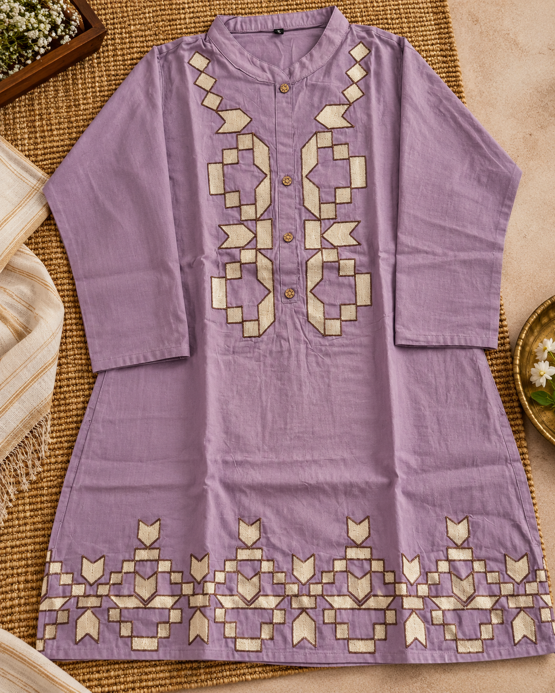 Dusty Lavender Cotton Embroidered Co-ord Set with Wide-Leg Pants for Women