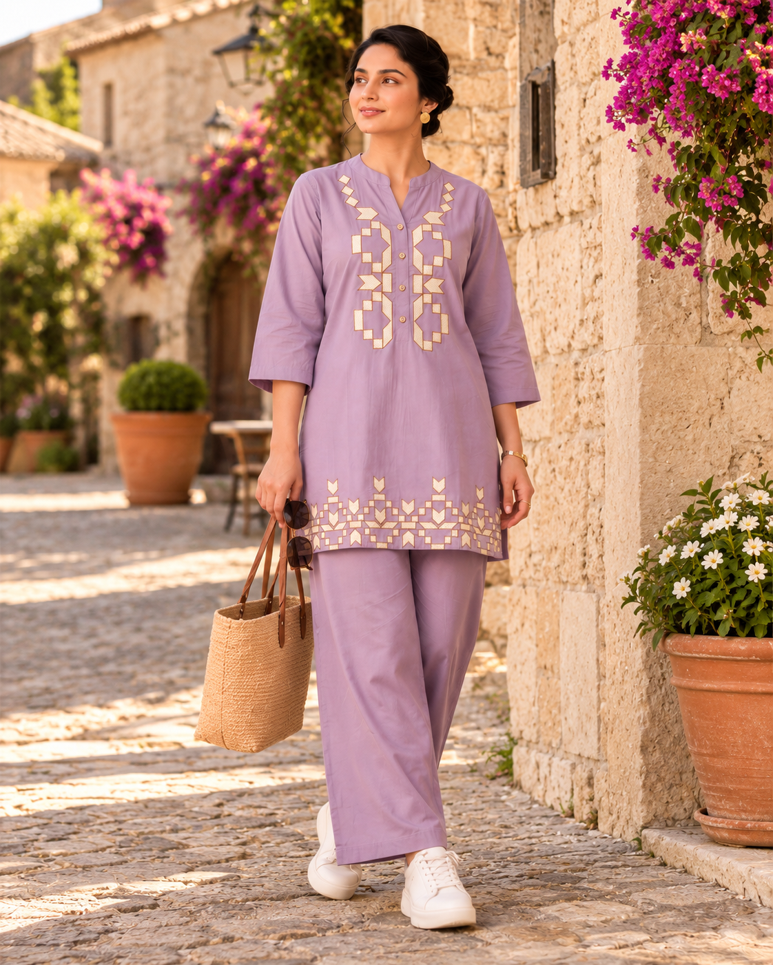 Dusty Lavender Cotton Embroidered Co-ord Set with Wide-Leg Pants for Women