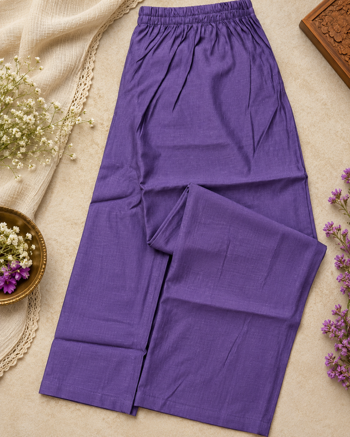 Lavender Mul Chanderi Floral Embroidered Co-ord Set with Wide-Leg Pants