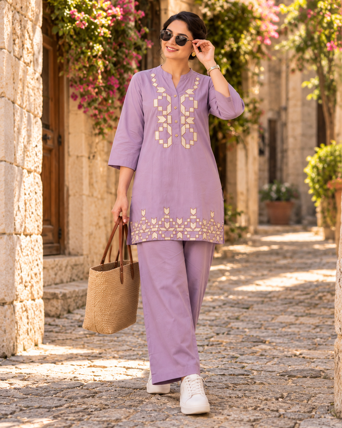 Dusty Lavender Cotton Embroidered Co-ord Set with Wide-Leg Pants for Women