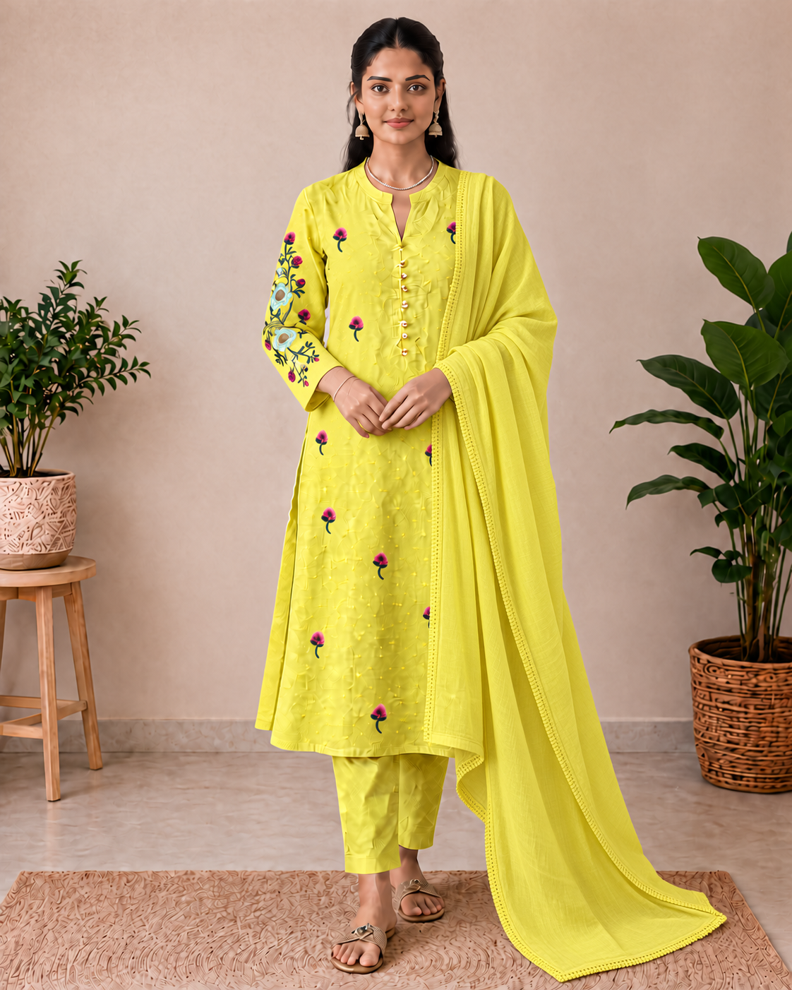 Lime Yellow Floral Embroidered Cotton 3-Piece Kurti Set