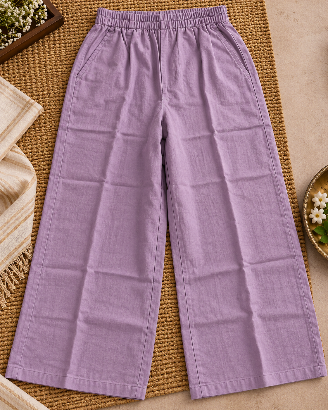 Dusty Lavender Cotton Embroidered Co-ord Set with Wide-Leg Pants for Women