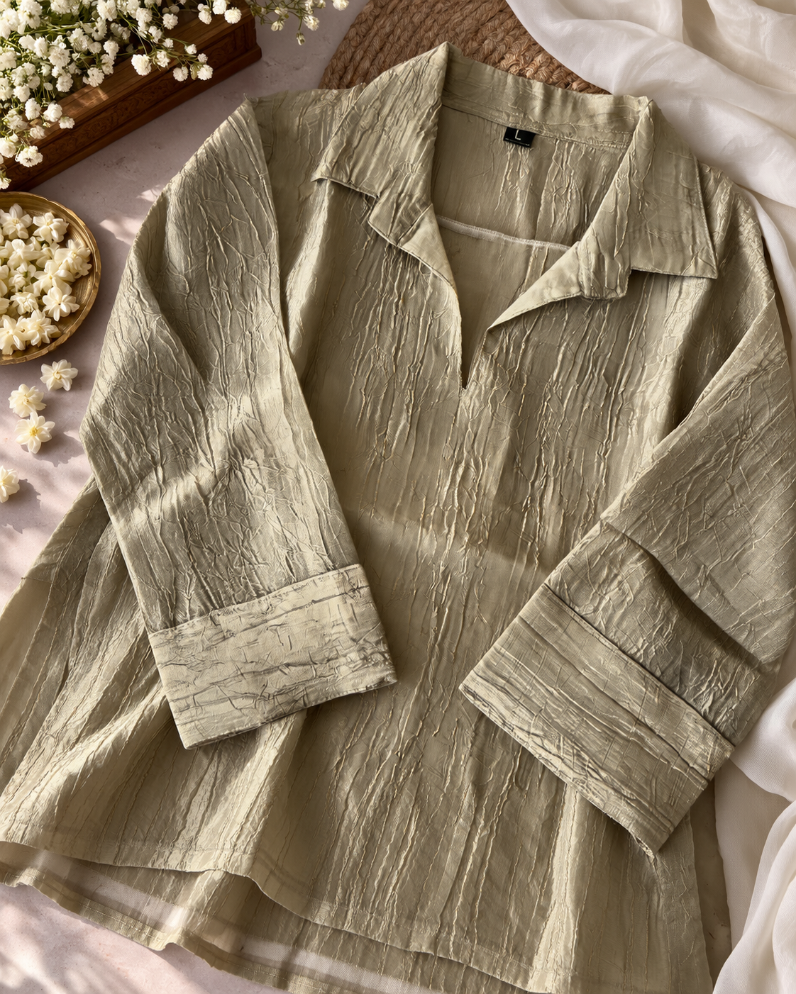Champagne Beige Salsa Crush Layered Kurti Set with Teal Embroidered Yoke