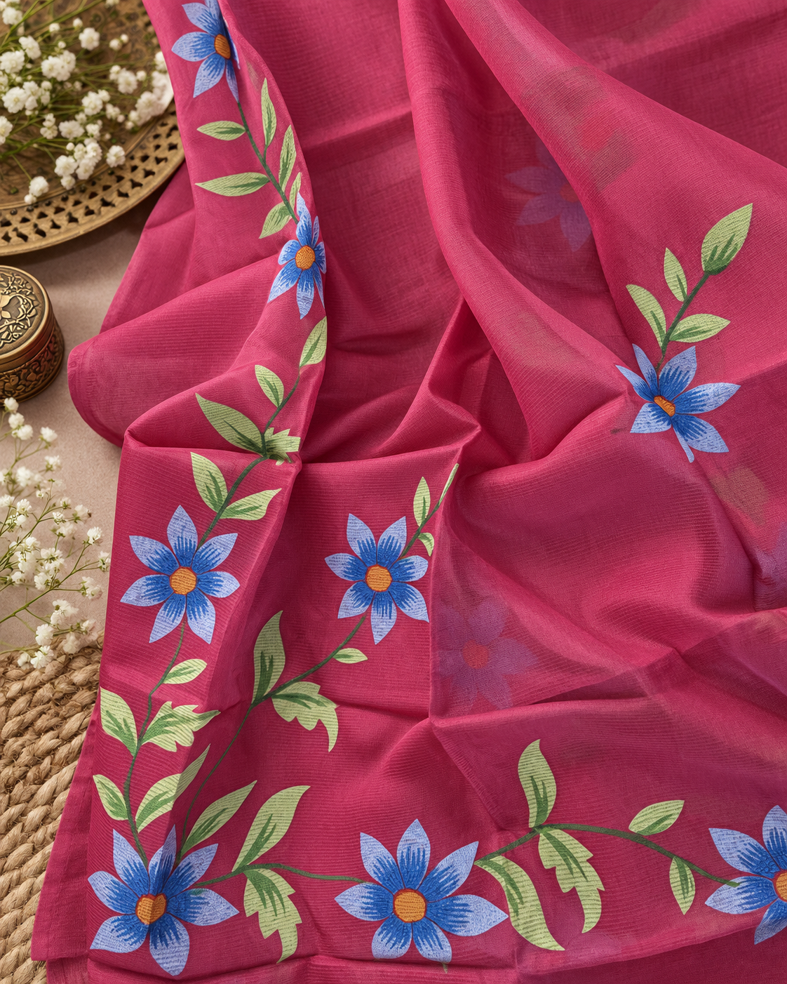 Raspberry Pink Floral Handbrush Designer Mul Chanderi 3-Piece Kurti Set