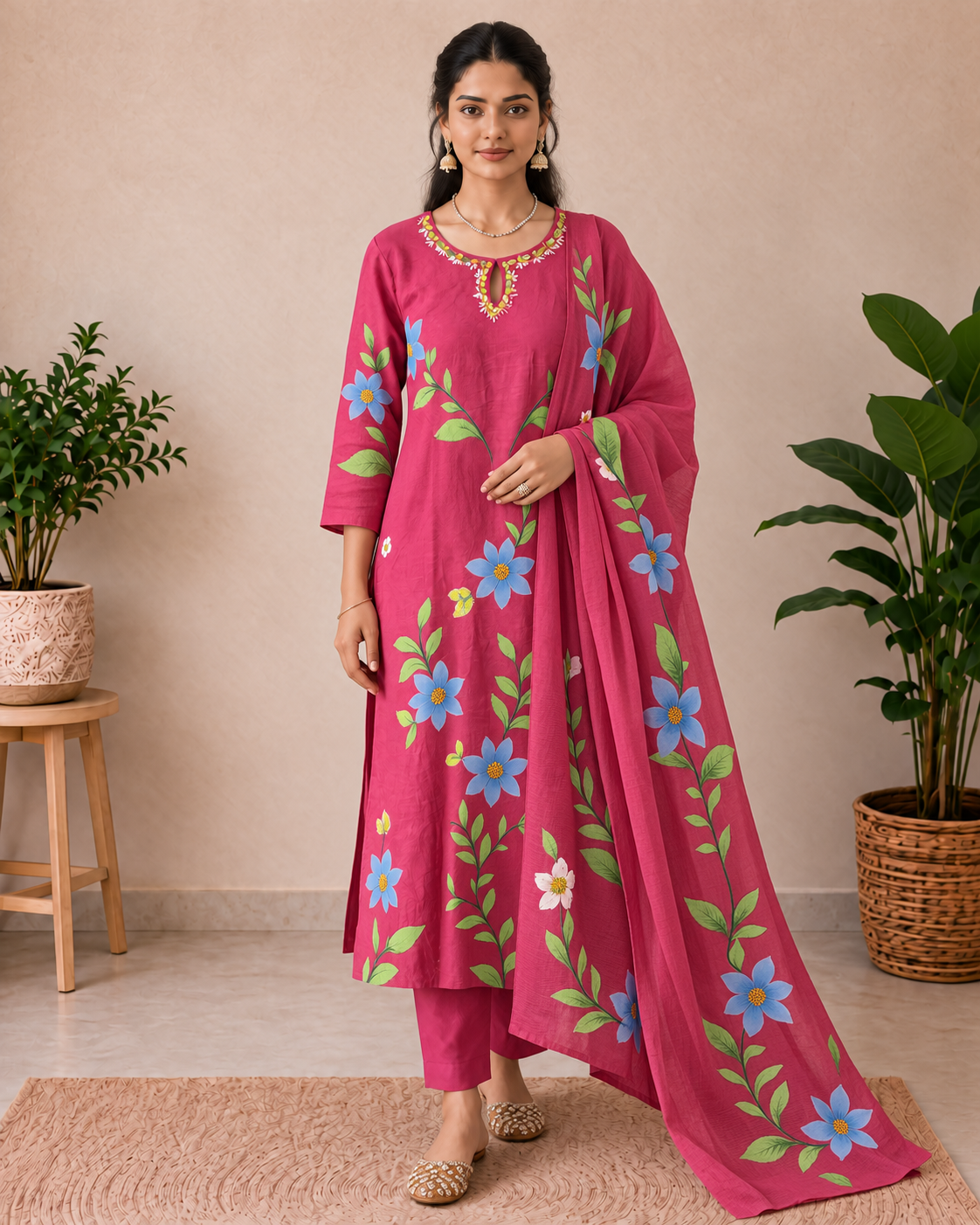Raspberry Pink Floral Handbrush Designer Mul Chanderi 3-Piece Kurti Set