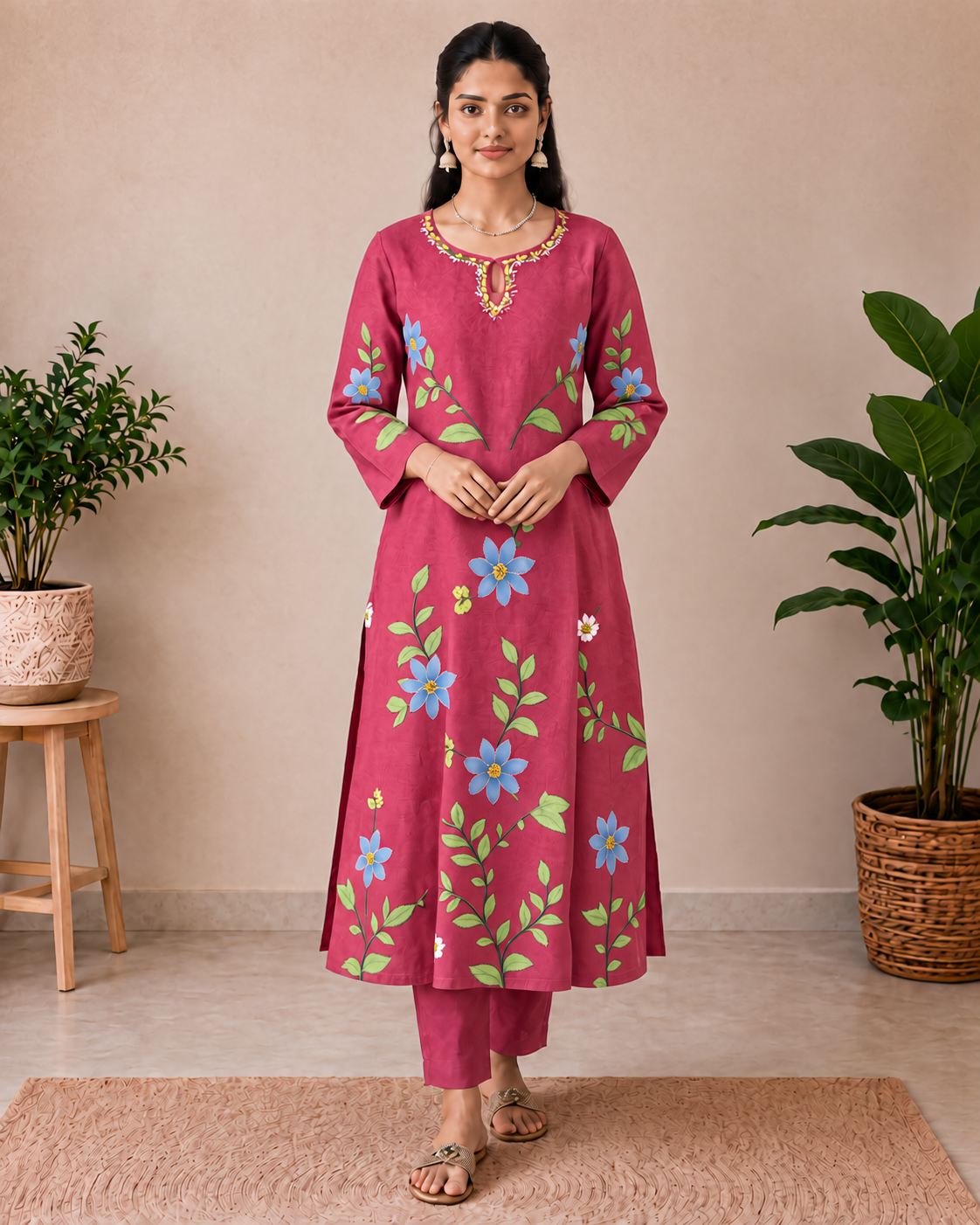 Raspberry Pink Floral Handbrush Designer Mul Chanderi 3-Piece Kurti Set