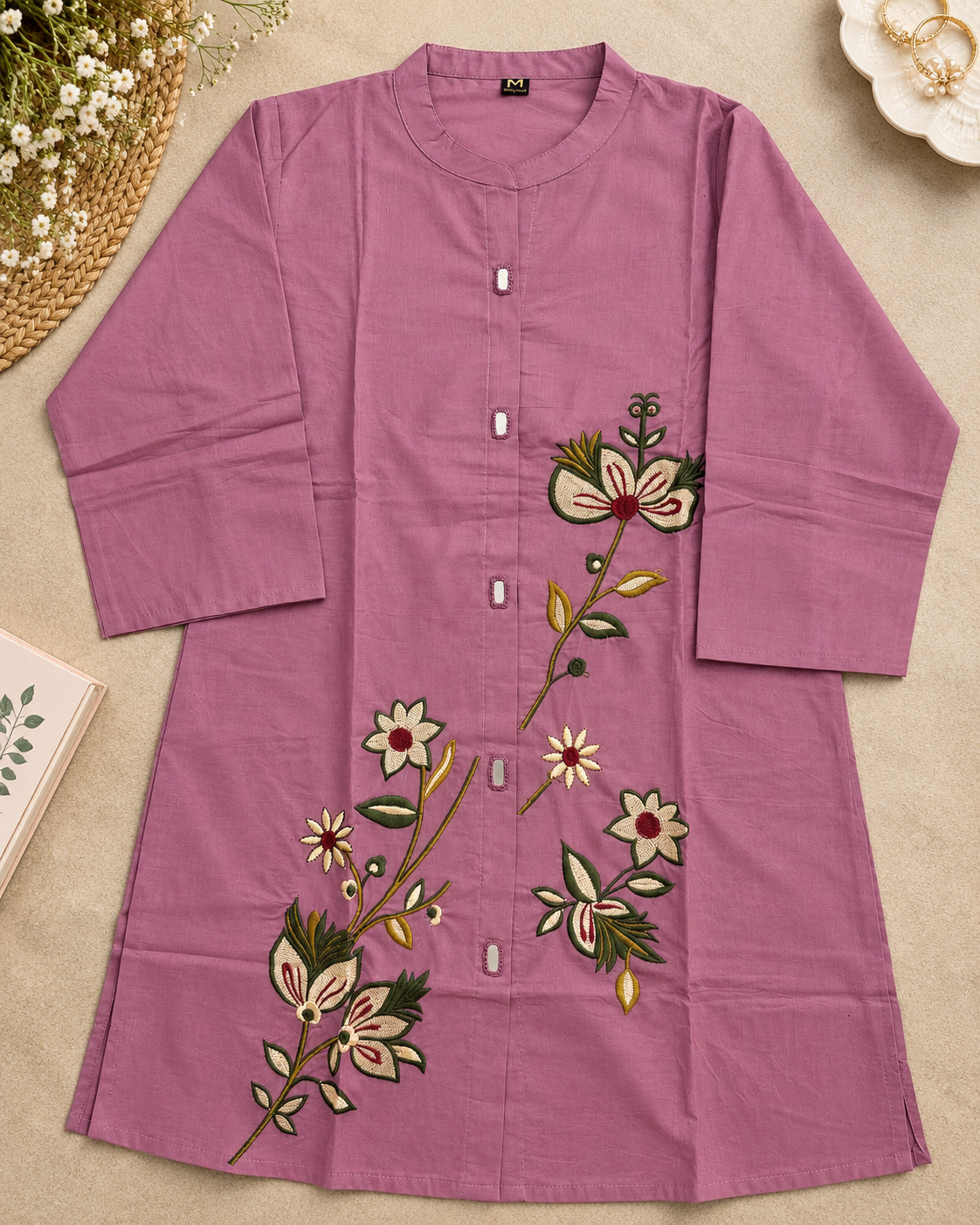 Dusty Mauve Pink Cotton Floral Embroidered Co-ord Set with Pants