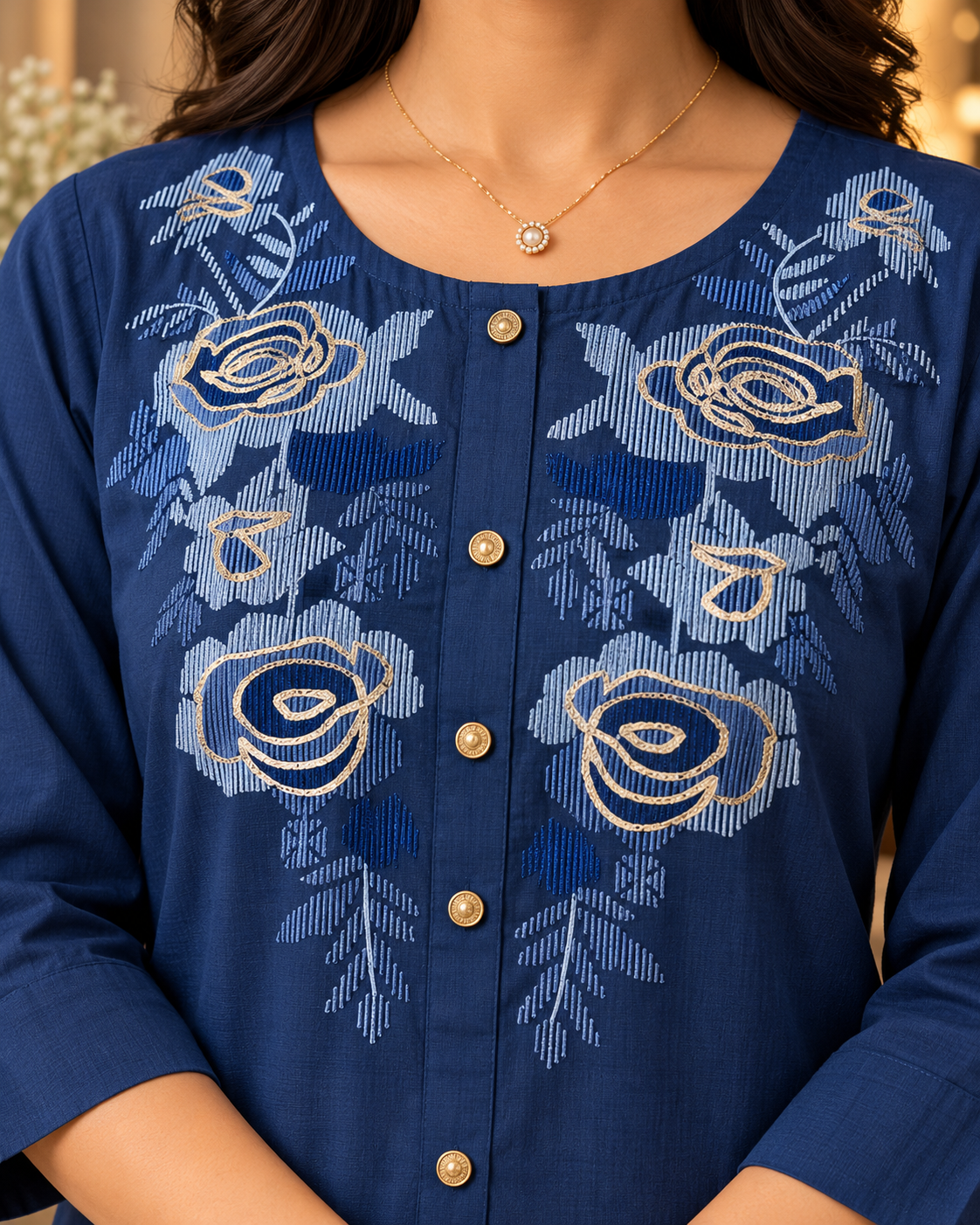 Navy Blue Cotton Floral Embroidered Co-ord Set with Wide-Leg Pants