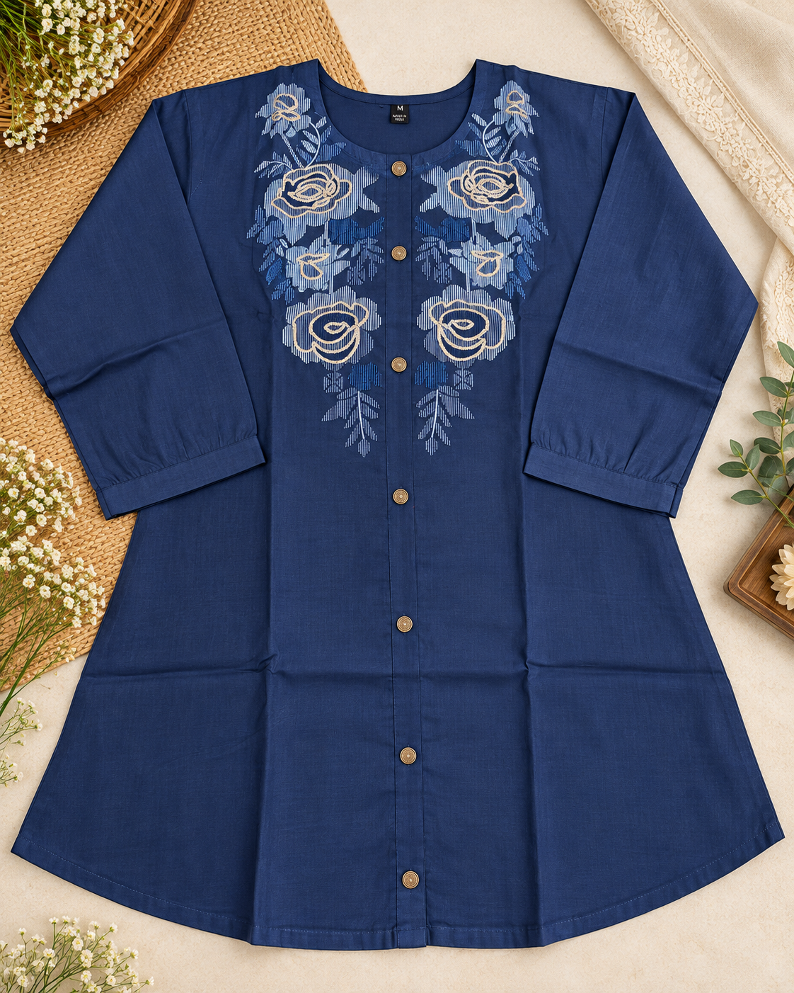 Navy Blue Cotton Floral Embroidered Co-ord Set with Wide-Leg Pants