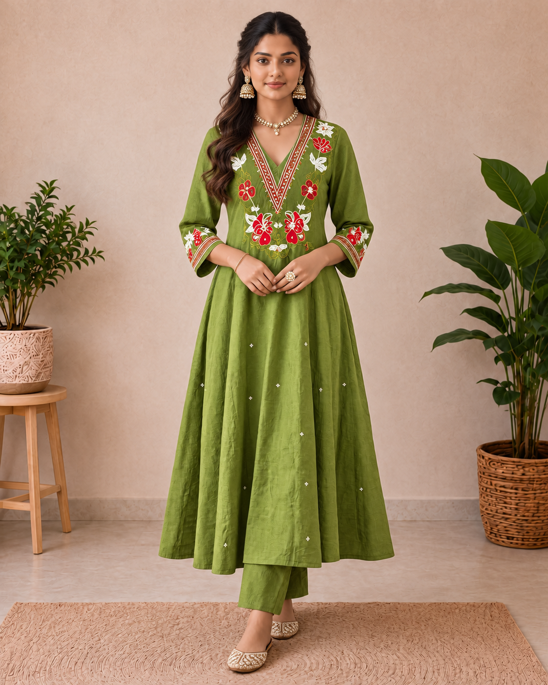 Mehendi Olive Green Embroidered A-Line Kurti Set