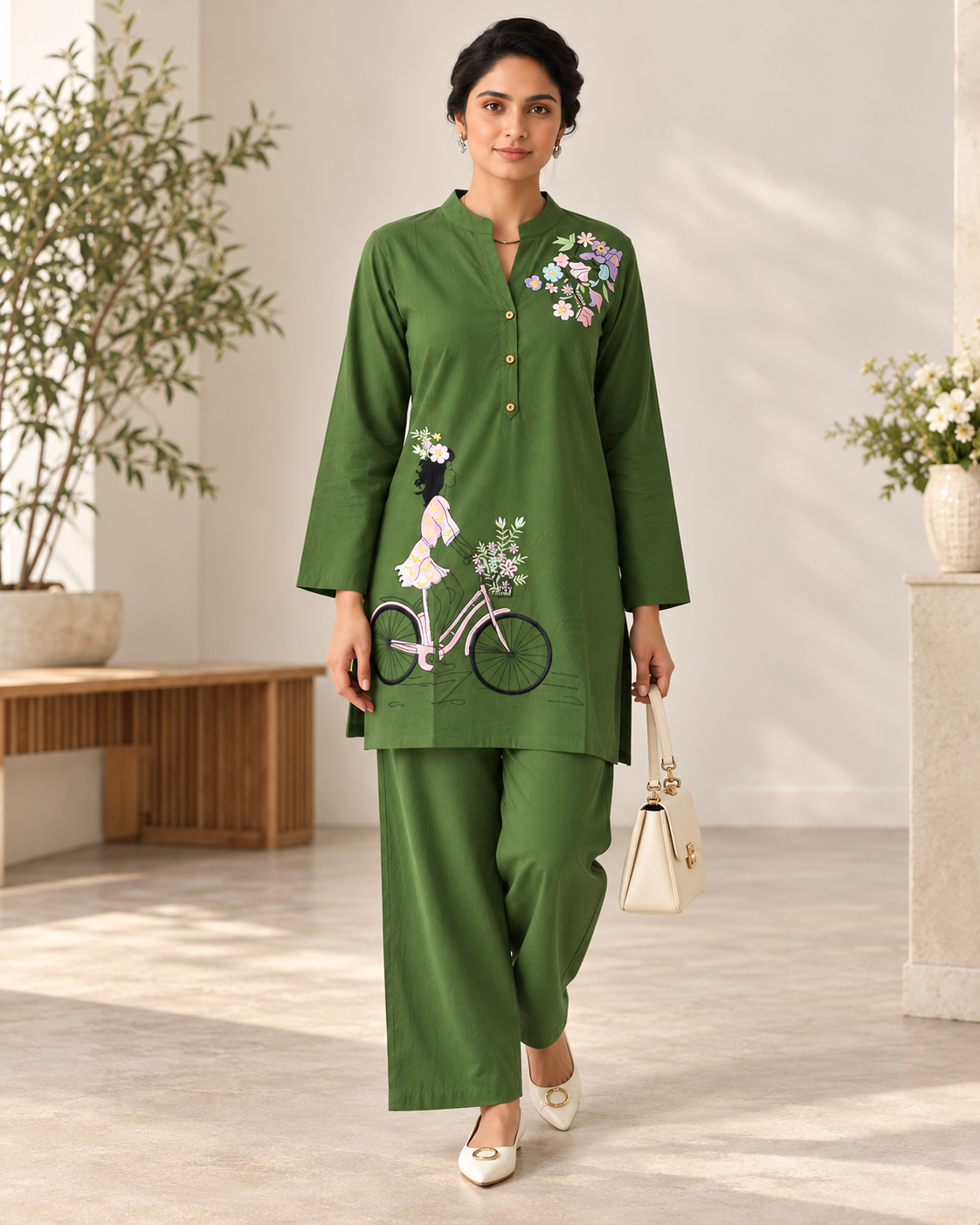 Olive Green Cotton Co-ord Set with Floral & Bicycle Embroidery