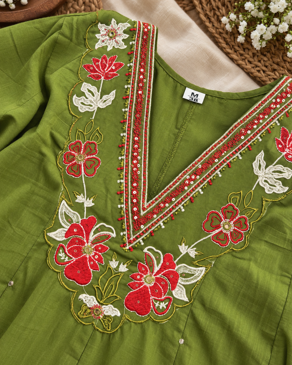 Mehendi Olive Green Embroidered A-Line Kurti Set