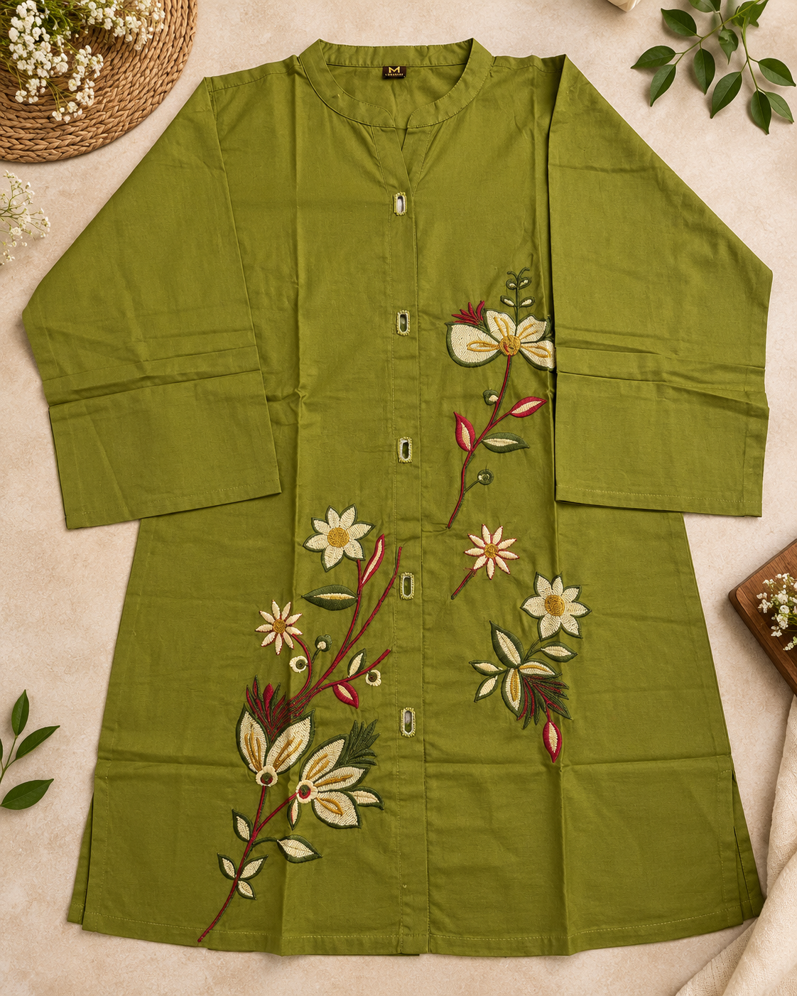 Olive Green Cotton Floral Embroidered Co-ord Set with Wide Leg Pants