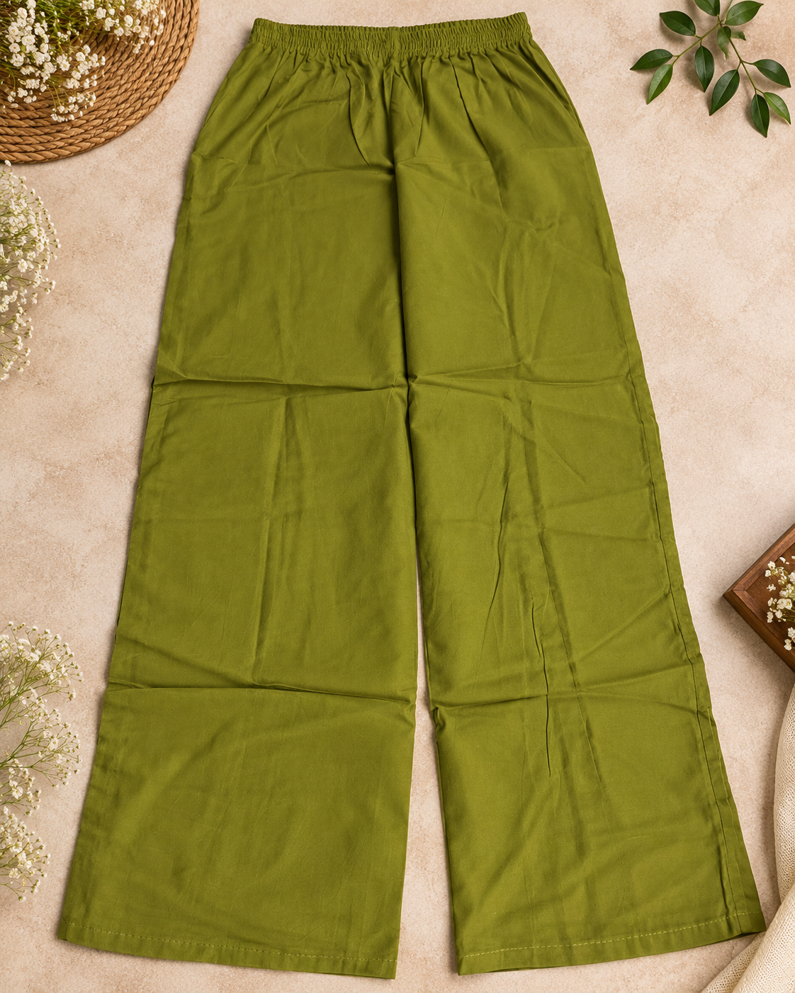 Olive Green Cotton Floral Embroidered Co-ord Set with Wide Leg Pants