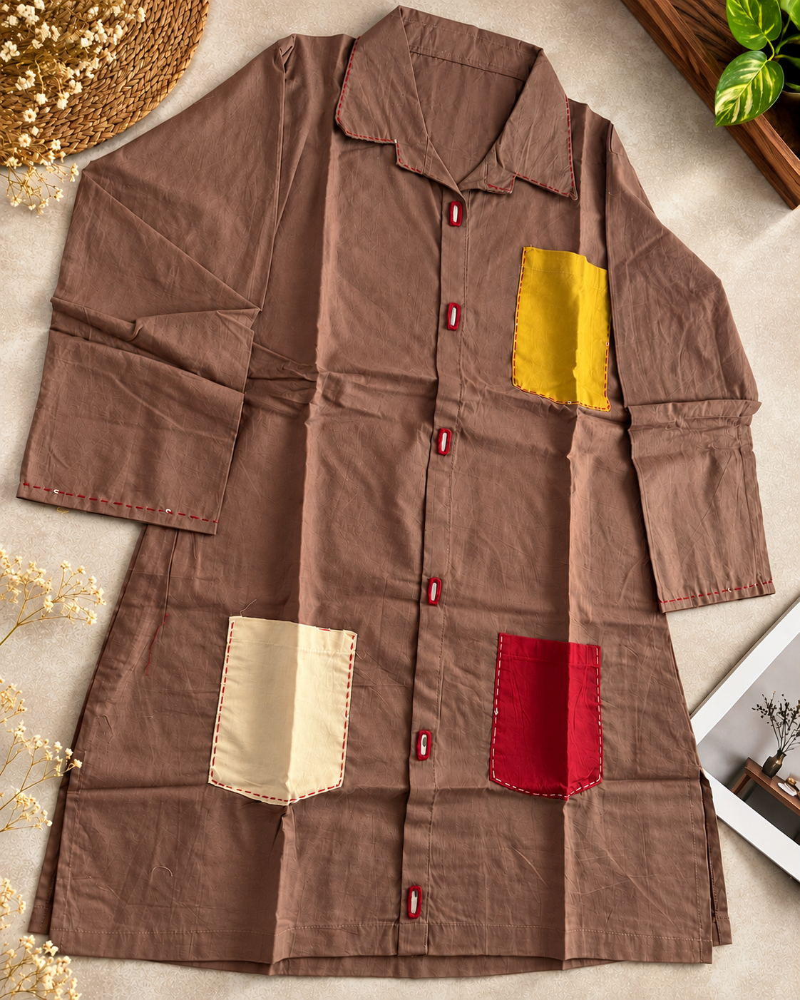 Mocha Brown Cotton Co-ord Set with Contrast Pockets & Mirror Buttons