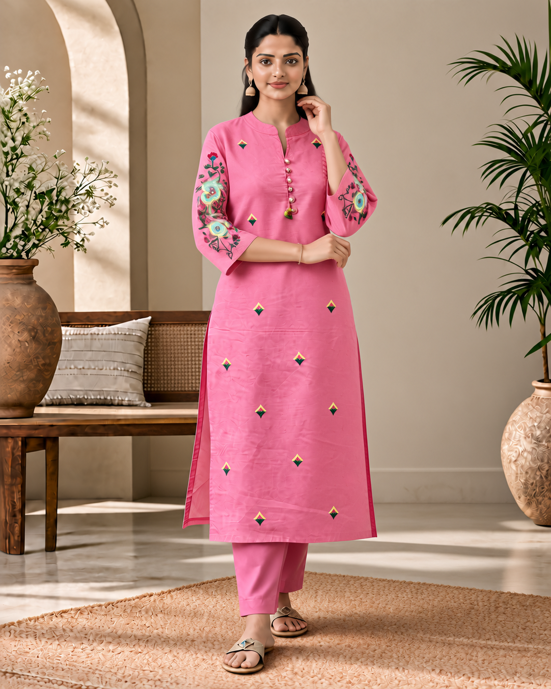 Blush Pink Floral Embroidered Cotton 3-Piece Kurti Set