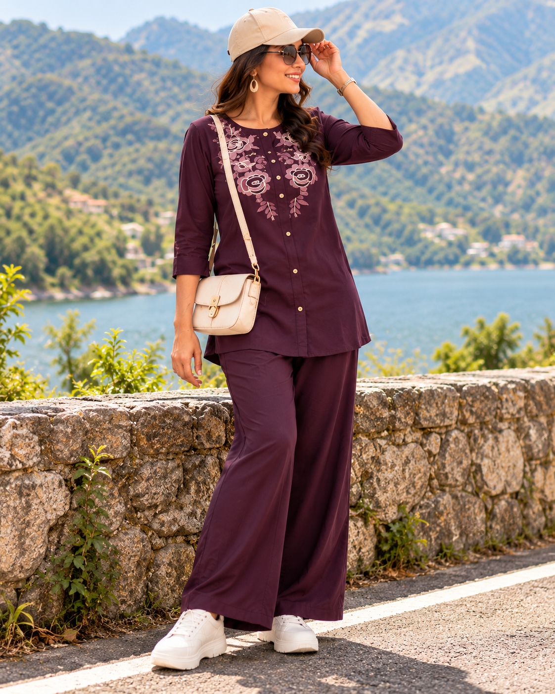Wine Plum Cotton Floral Embroidered Co-ord Set with Wide-Leg Pants