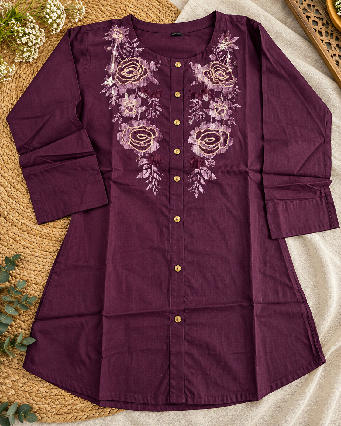 Wine Plum Cotton Floral Embroidered Co-ord Set with Wide-Leg Pants