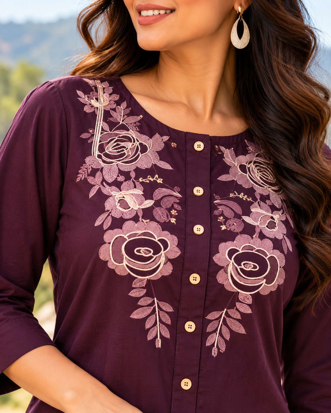 Wine Plum Cotton Floral Embroidered Co-ord Set with Wide-Leg Pants