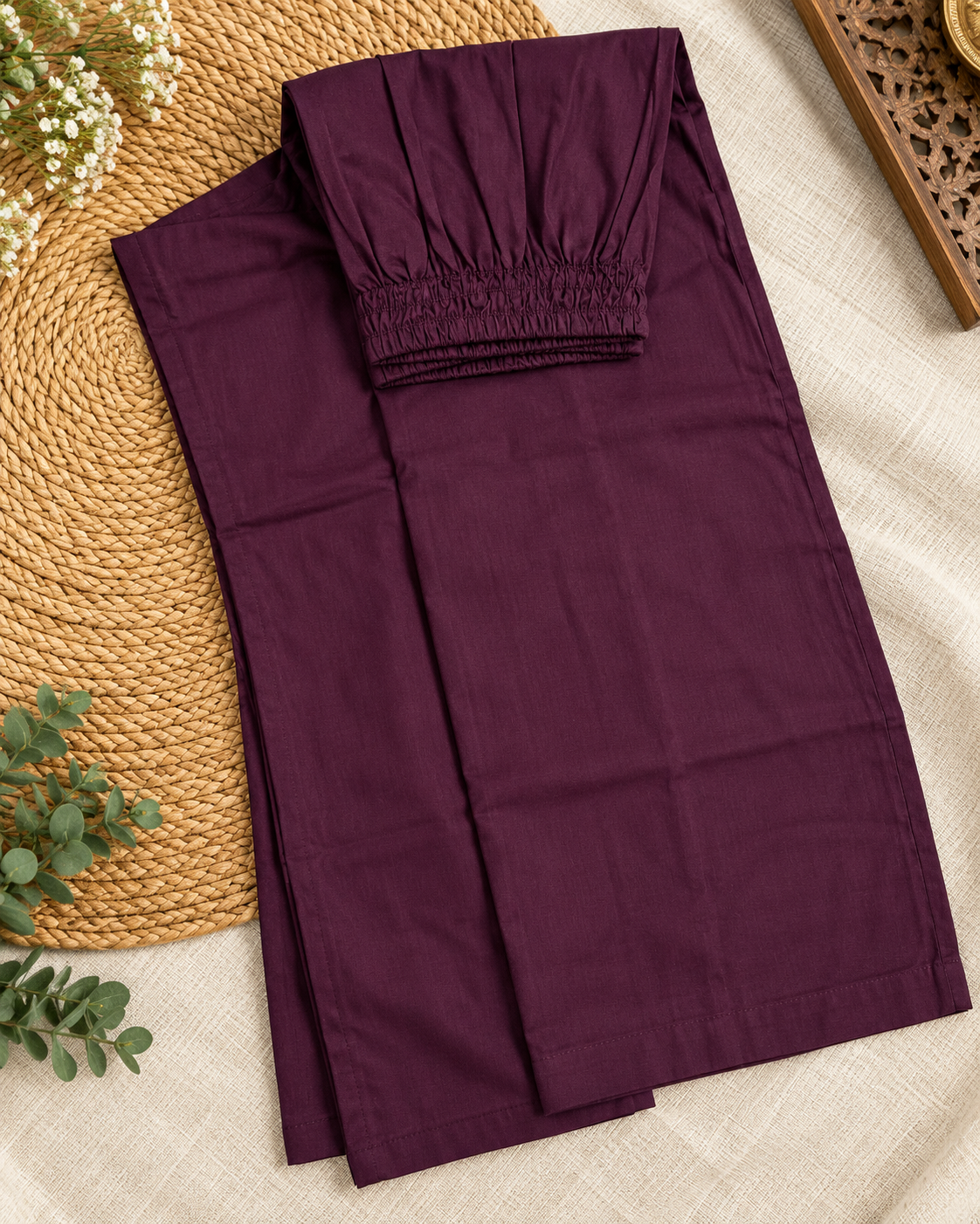 Wine Plum Cotton Floral Embroidered Co-ord Set with Wide-Leg Pants