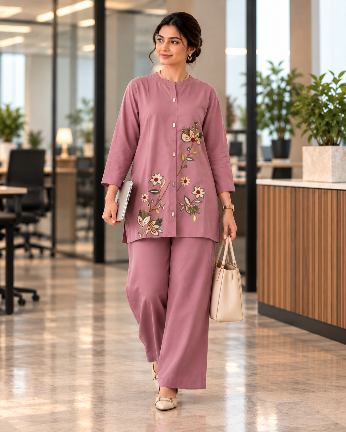 Dusty Mauve Pink Cotton Floral Embroidered Co-ord Set with Pants