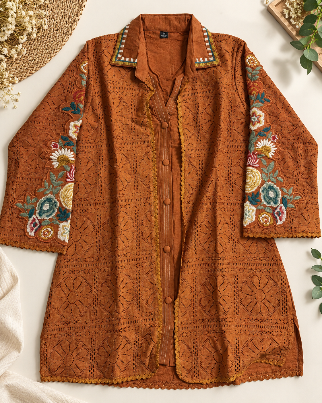 Premium Rust Brown Cotton Designer Co-ord Set with Attached Crochet Jacket & Floral Embroidery