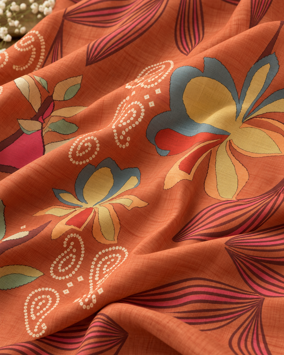 Rust Orange Premium Mul Chanderi Designer Kurti Set with Concealed side zip for easy wear & a comfortable fit.