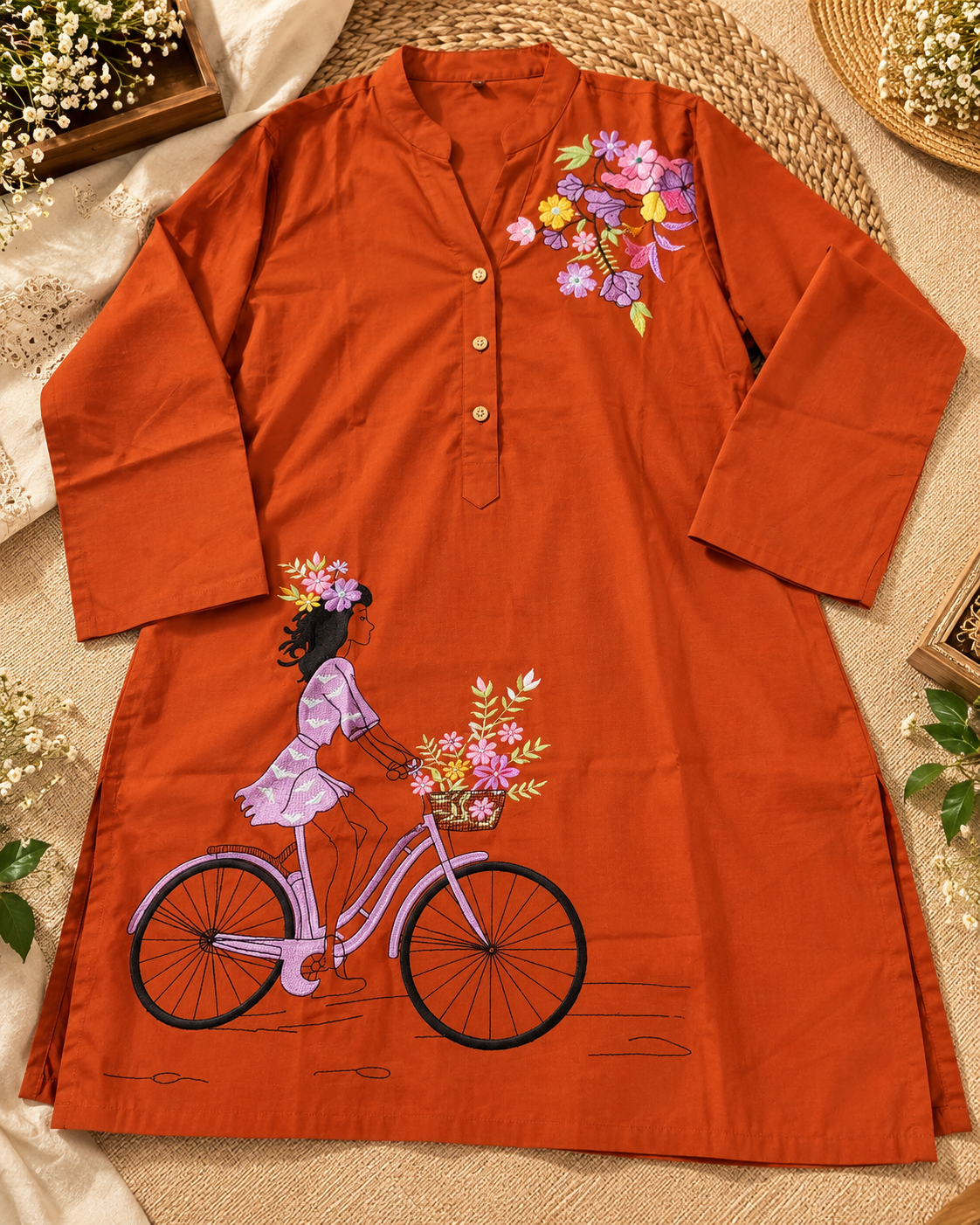 Terracotta Orange Cotton Embroidered Co-ord Set with Wide-Leg Pants