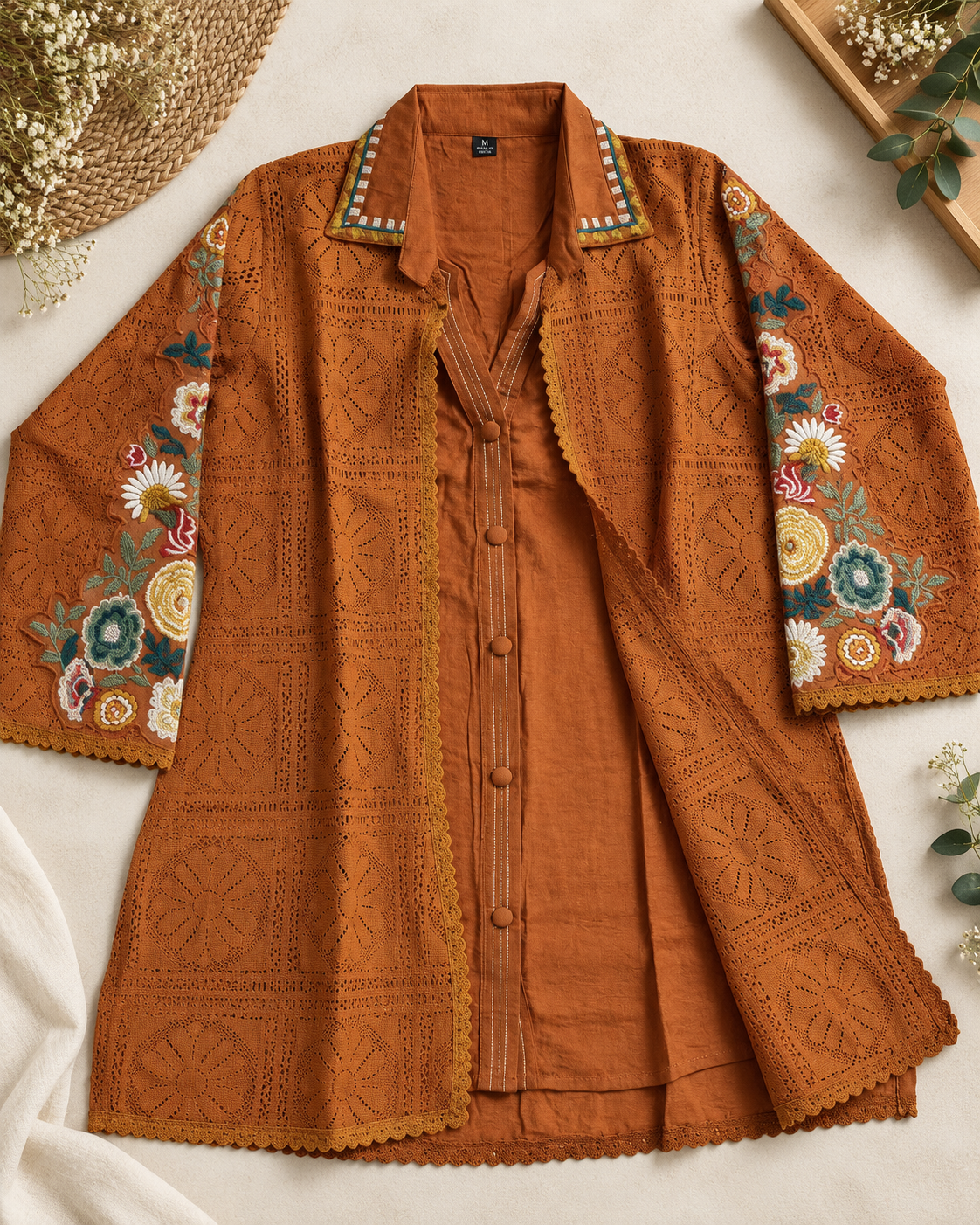 Premium Rust Brown Cotton Designer Co-ord Set with Attached Crochet Jacket & Floral Embroidery