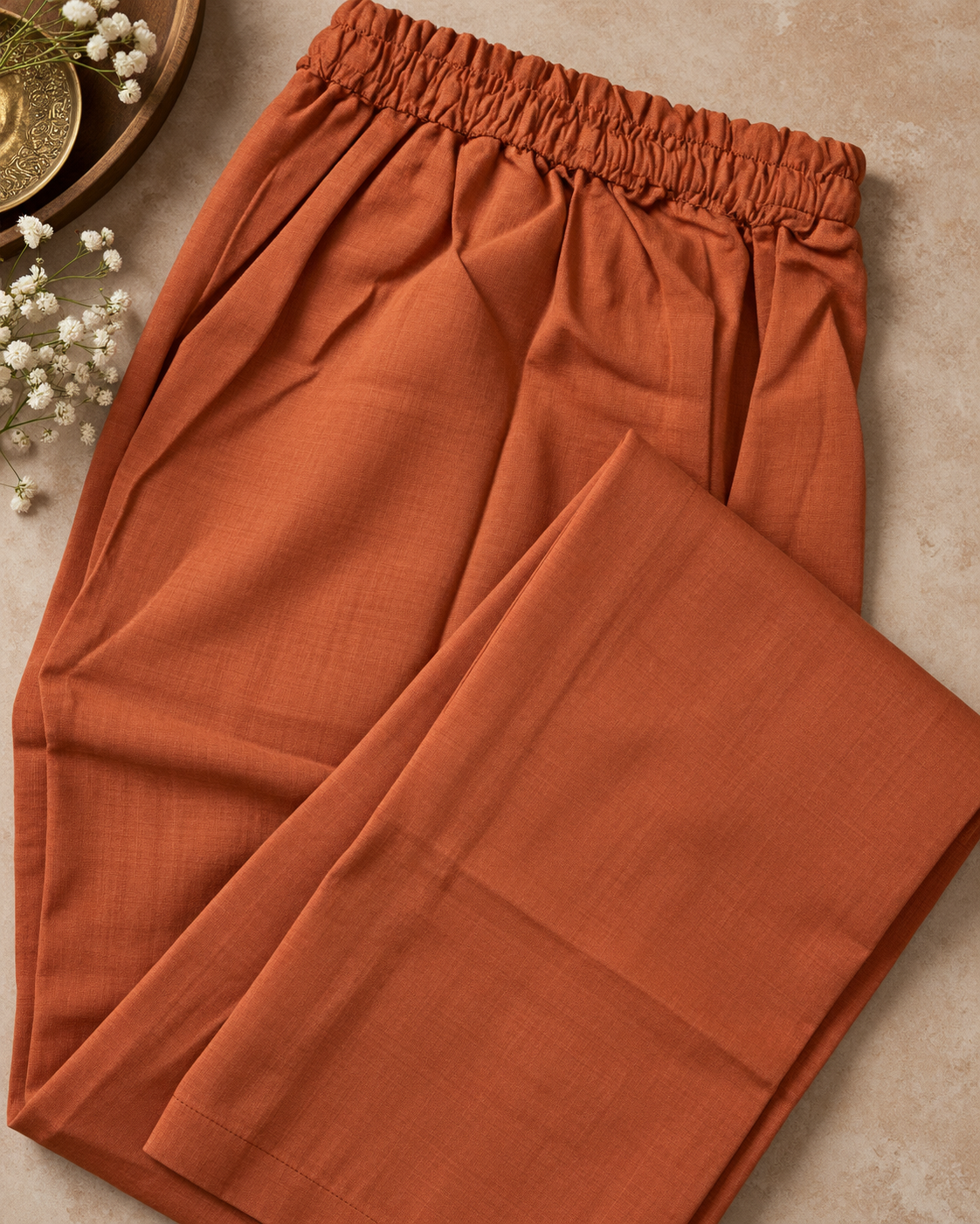Rust Orange Premium Mul Chanderi Designer Kurti Set with Concealed side zip for easy wear & a comfortable fit.