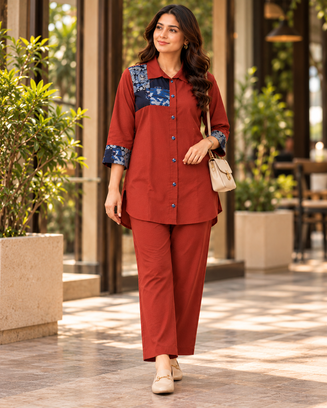 Rust Red Cotton Co-ord Set with Contrast Fabric Appliqué Work