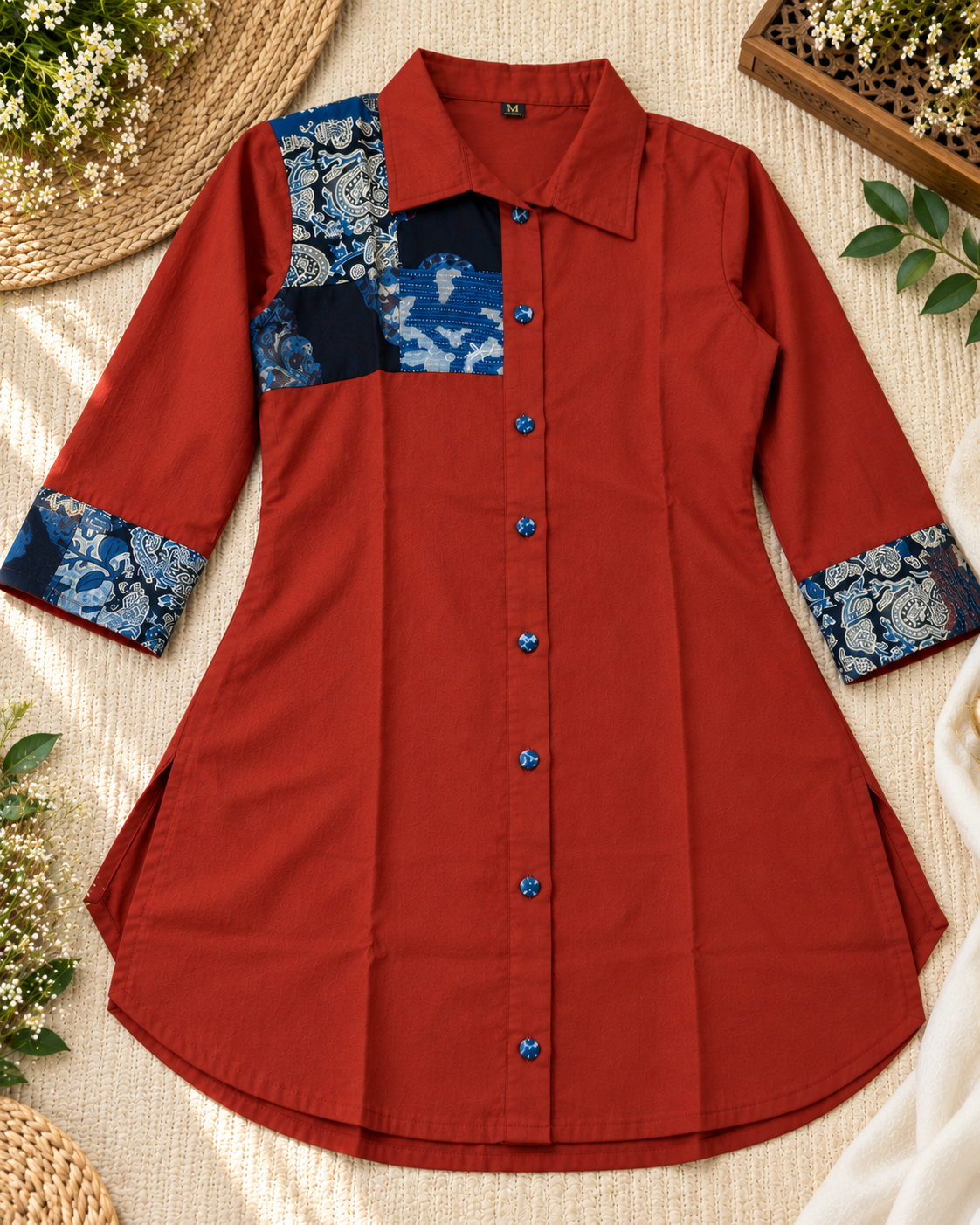 Rust Red Cotton Co-ord Set with Contrast Fabric Appliqué Work