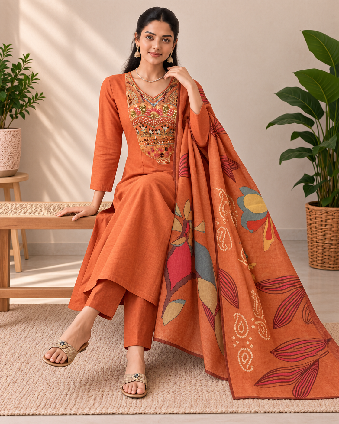 Rust Orange Premium Mul Chanderi Designer Kurti Set with Concealed side zip for easy wear & a comfortable fit.
