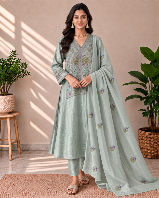 Mist Sage Mul Chanderi Floral Embroidered Kurti Set