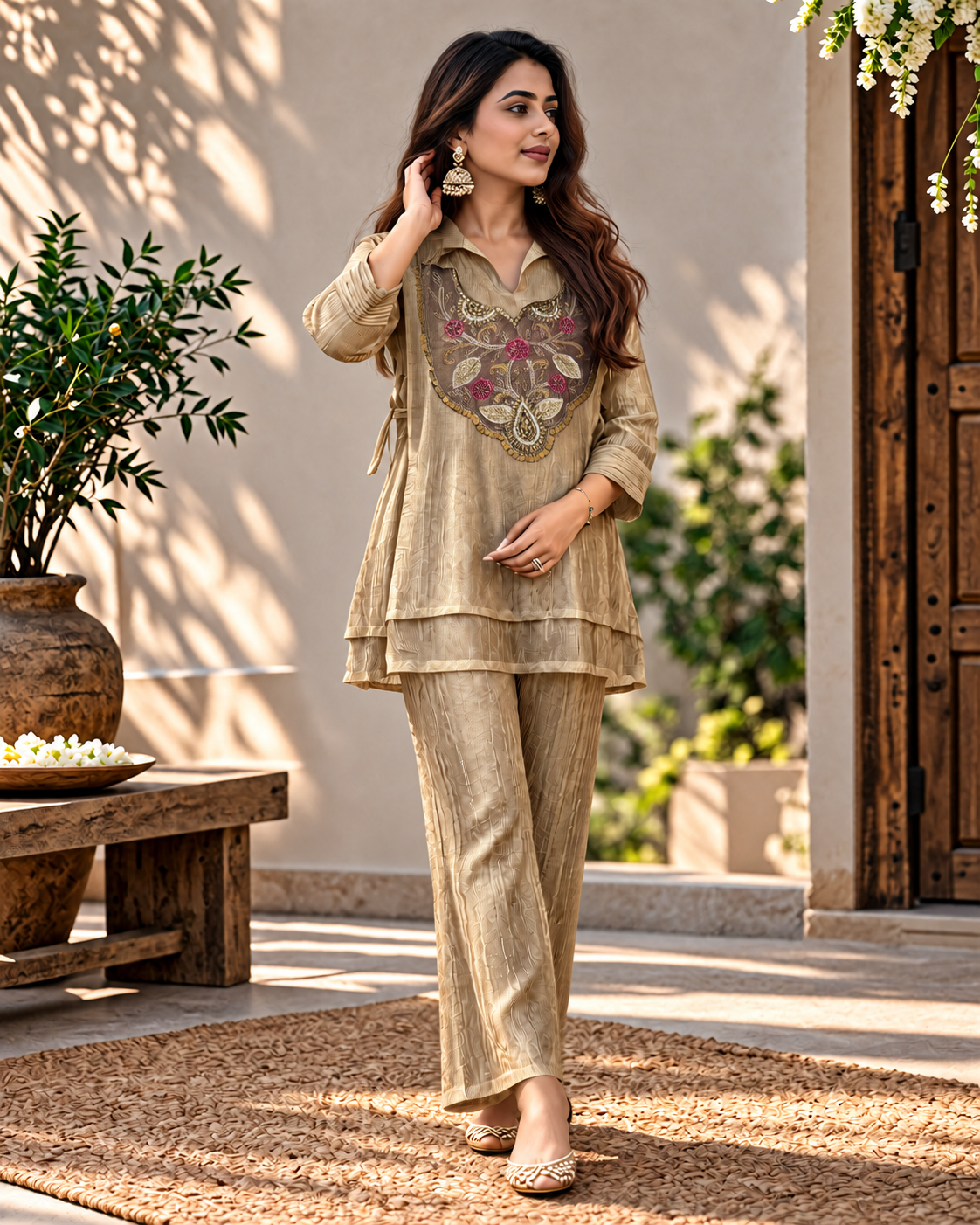Champagne Beige Salsa Crush Layered Kurti Set