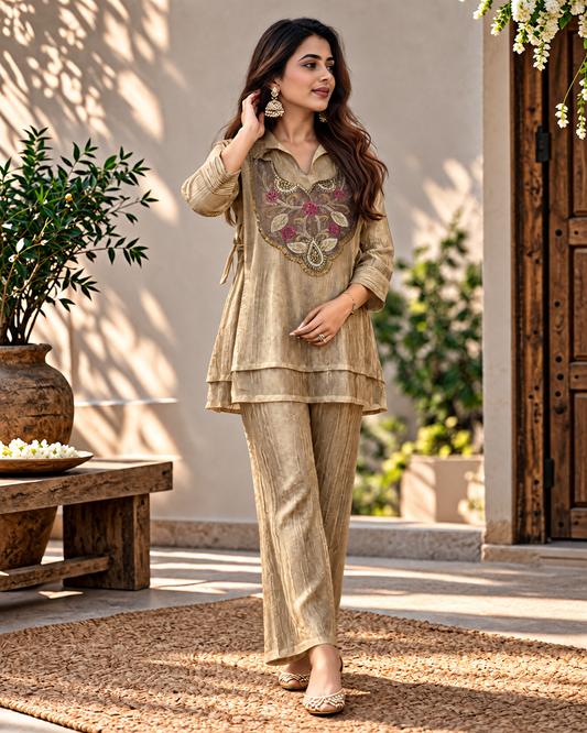 Champagne Beige Salsa Crush Layered Kurti Set