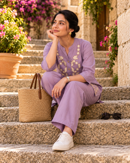Dusty Lavender Cotton Embroidered Co-ord Set with Wide-Leg Pants for Women