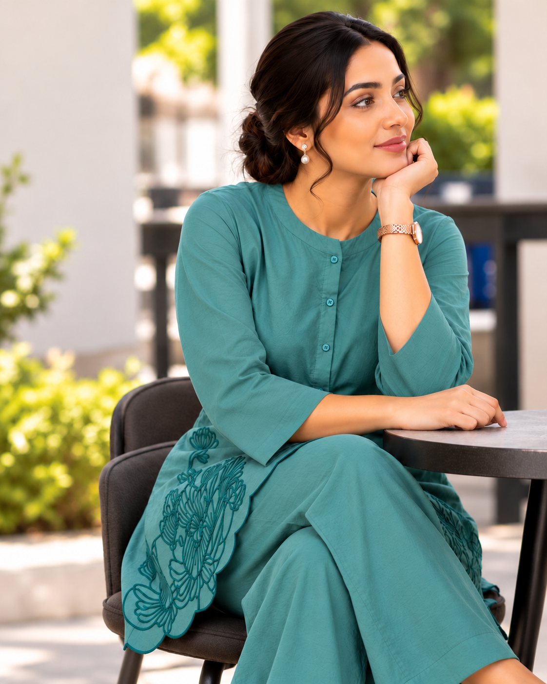Sea Green Cotton Floral Embroidered Co-ord Set with Wide-Leg Pants