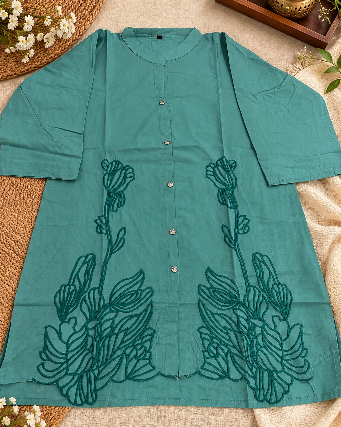 Sea Green Cotton Floral Embroidered Co-ord Set with Wide-Leg Pants