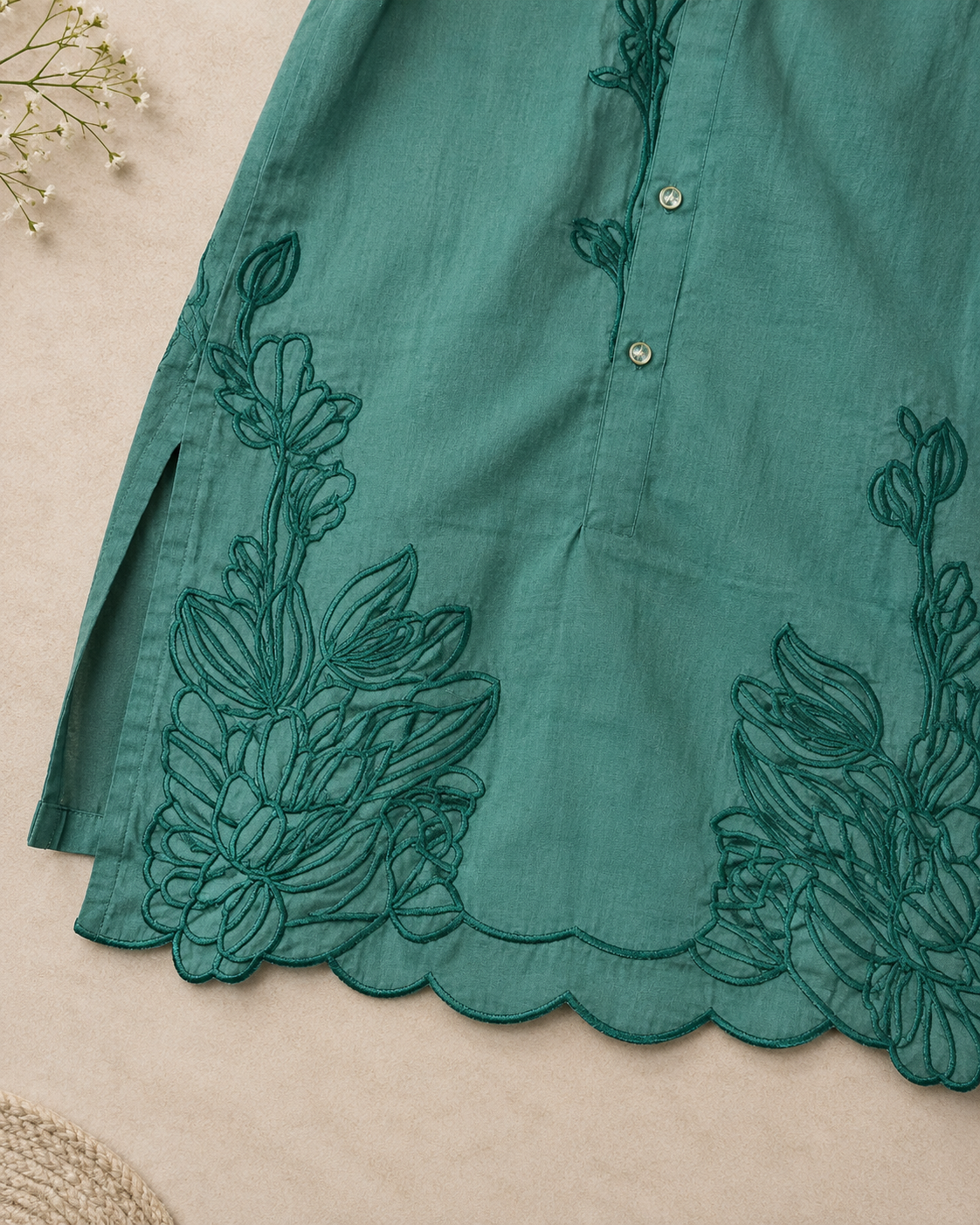Sea Green Cotton Floral Embroidered Co-ord Set with Wide-Leg Pants