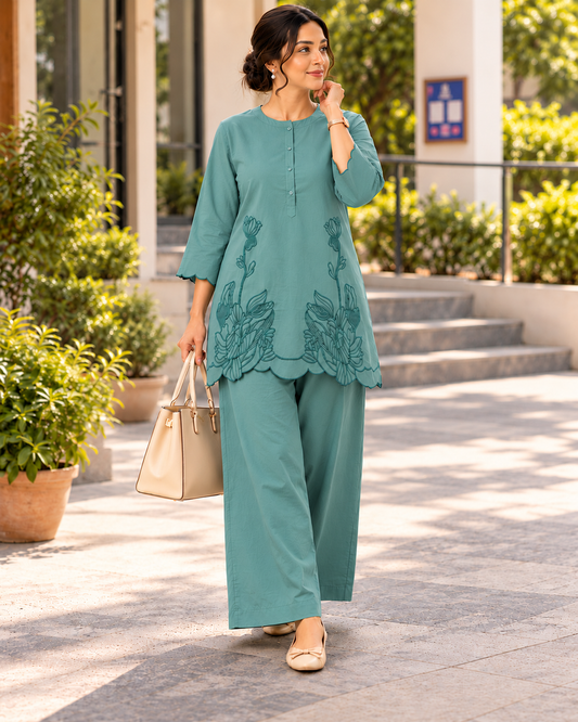 Sea Green Cotton Floral Embroidered Co-ord Set with Wide-Leg Pants