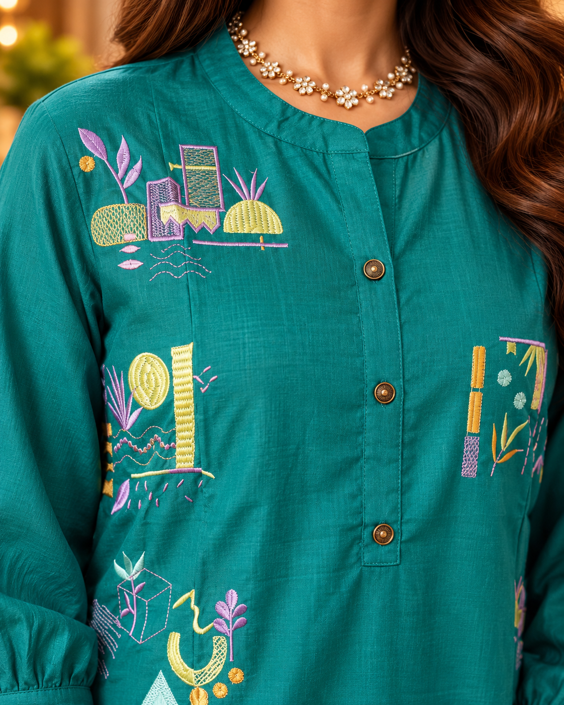 Teal Green Cotton Co-ord Set with Multicolour Abstract Embroidery