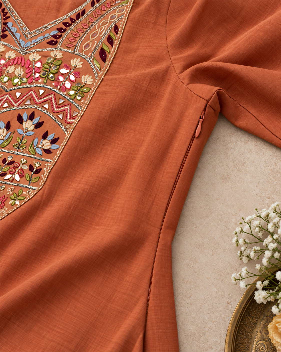 Rust Orange Premium Mul Chanderi Designer Kurti Set with Concealed side zip for easy wear & a comfortable fit.