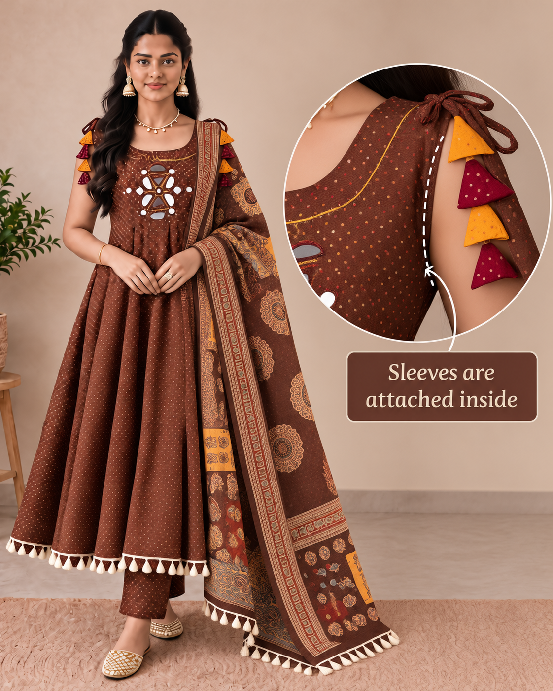 Mocha Brown Mirror-Work Cotton Designer Flared A-Line Kurti Set